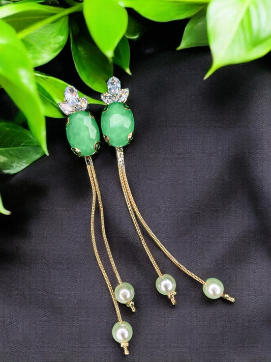 Gold Long Dangle Earrings with Green Crystal – A Stunning Statement Piece for Every Woman